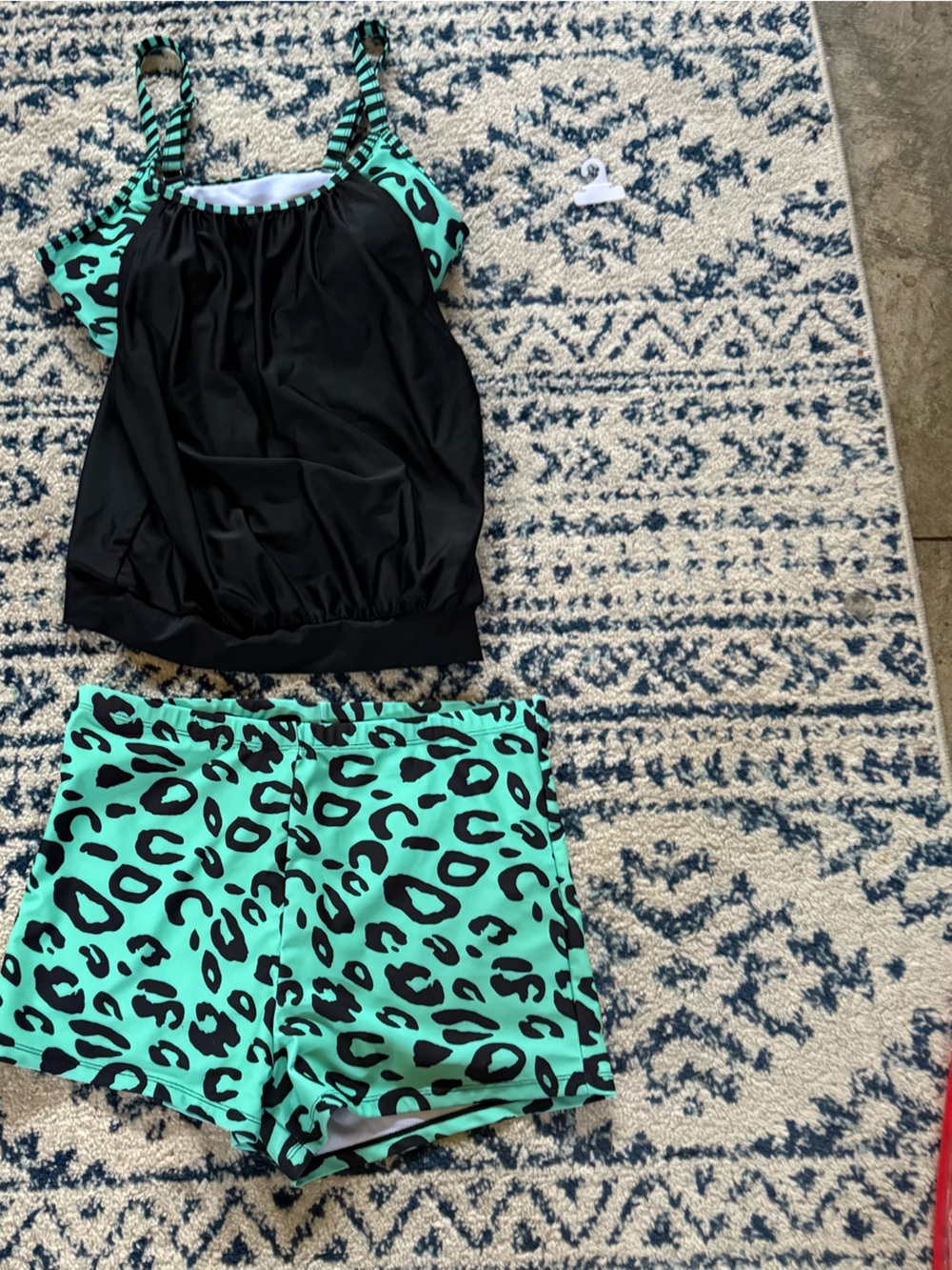 Women’s Black Tankini with Mint Leopard Swim Shorts